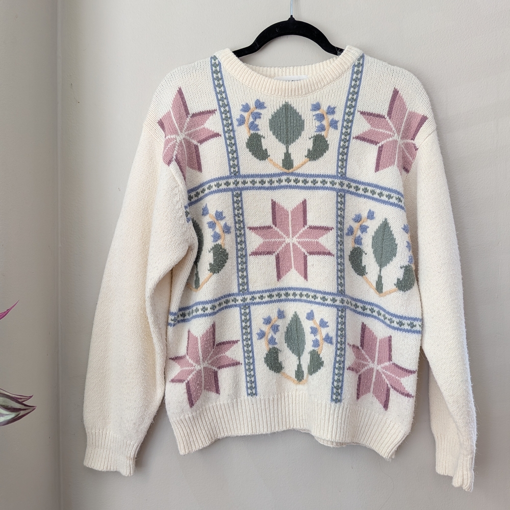 Alfred Dunner Sweater | Floral Cottagecore Cream | Women’s Medium | 90s Vintage